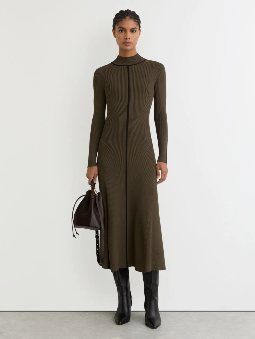 Reiss Khaki Green Contrast-stitch Knitted Midi Dress