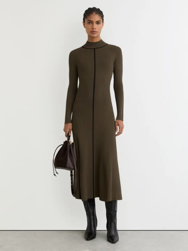 Reiss Khaki Green Contrast-stitch Knitted Midi Dress