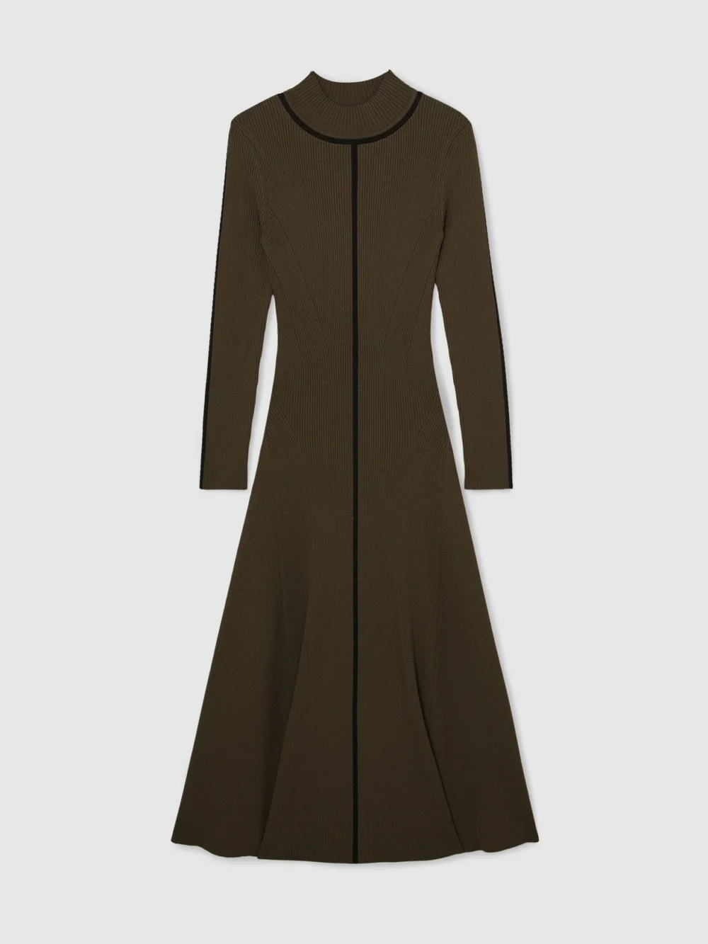 Reiss Khaki Green Contrast-stitch Knitted Midi Dress, view 2
