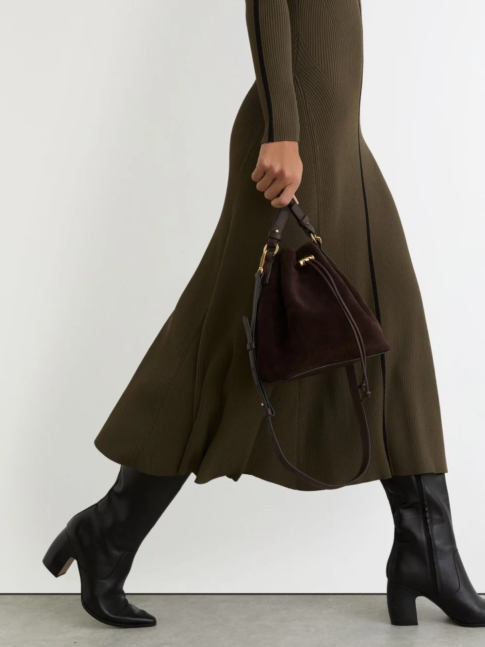 Reiss Khaki Green Contrast-stitch Knitted Midi Dress, view 3