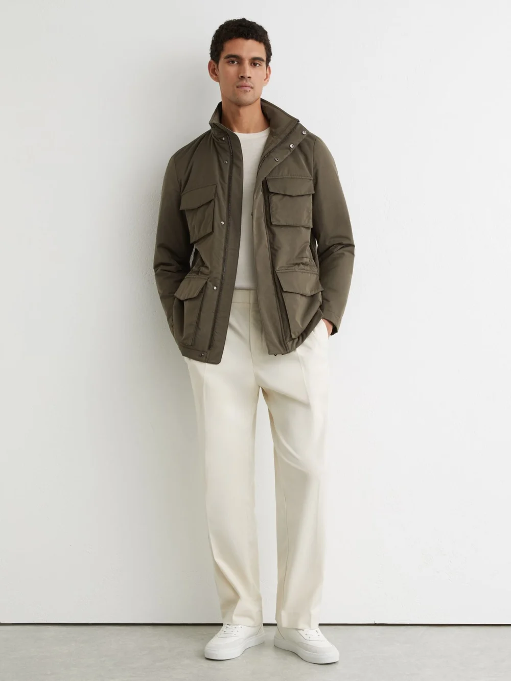 Reiss Khaki Green Cotton-blend Padded Four-pocket Jacket, view 3