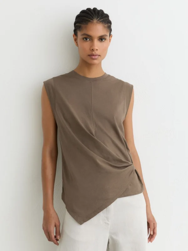 Reiss Khaki Green Cotton Drape Cap-sleeve T-shirt