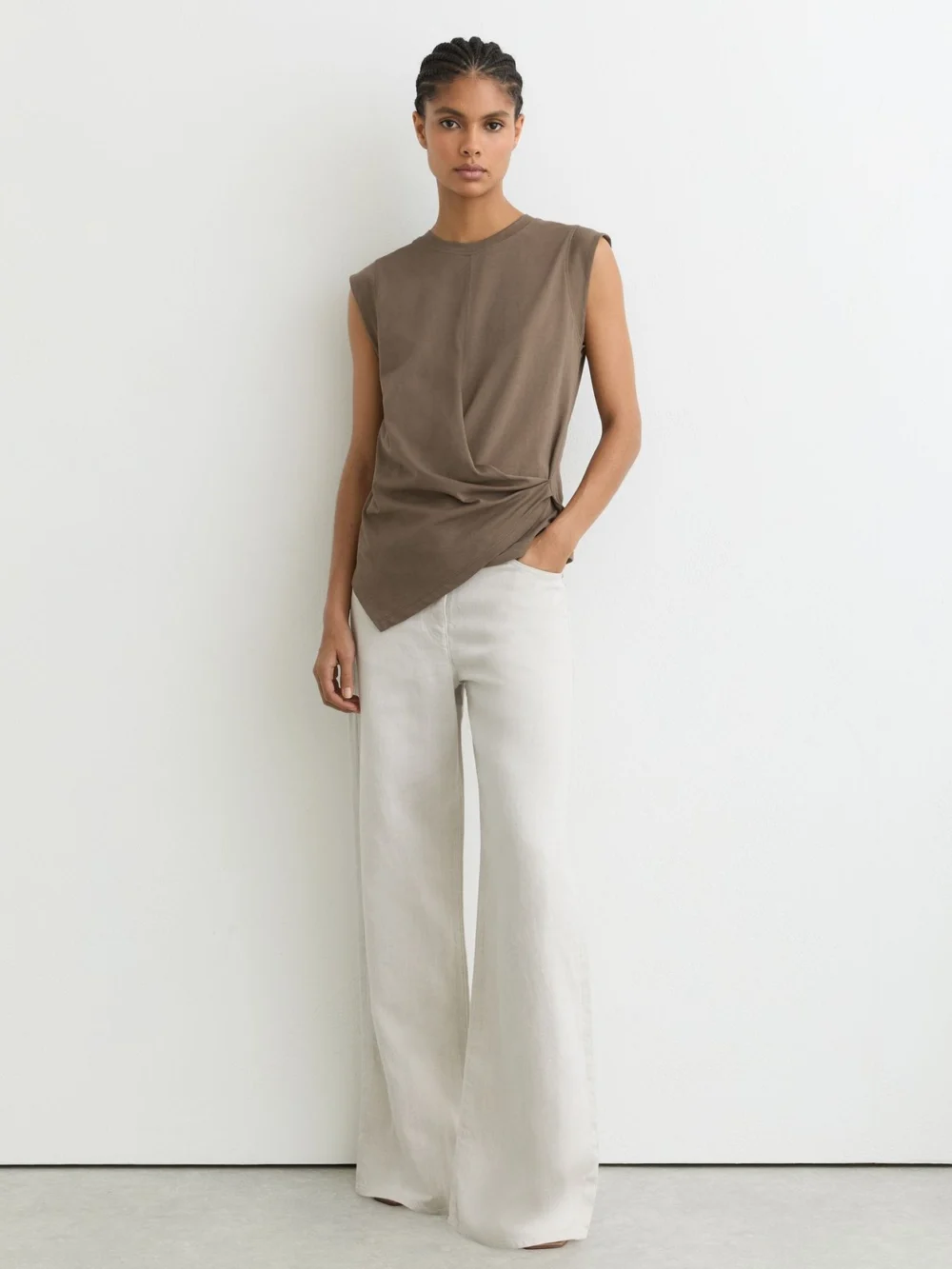 Reiss Khaki Green Cotton Drape Cap-sleeve T-shirt, view 3