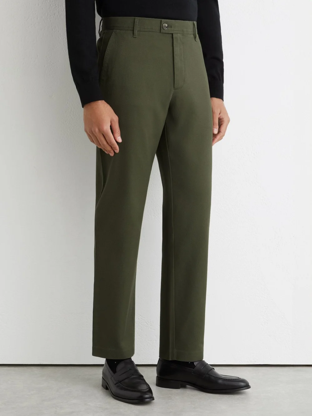 Reiss Khaki Green Cotton Piqué Chino Trousers, view 3