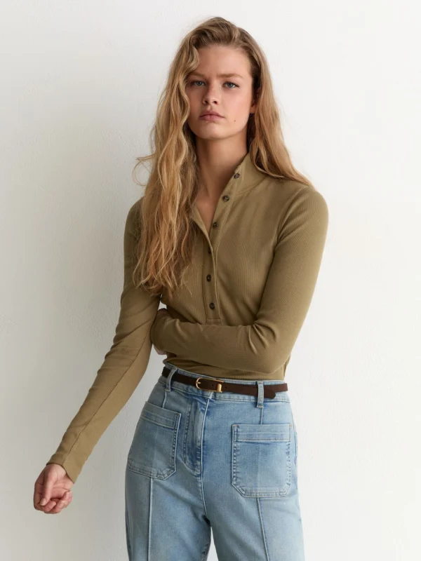 Reiss Khaki Green Cotton-stretch Funnel-neck Top