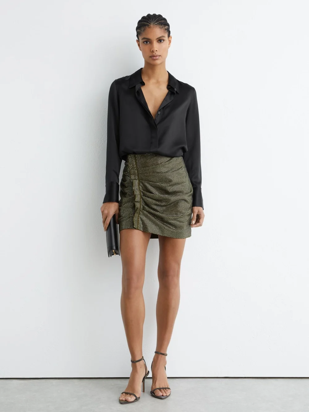 Reiss Khaki Green Crystal-embellished Ruched Mini Skirt