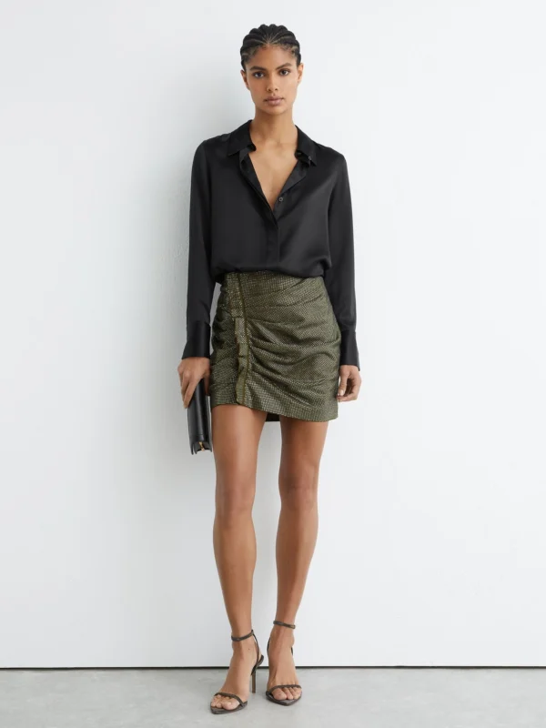 Reiss Khaki Green Crystal-embellished Ruched Mini Skirt