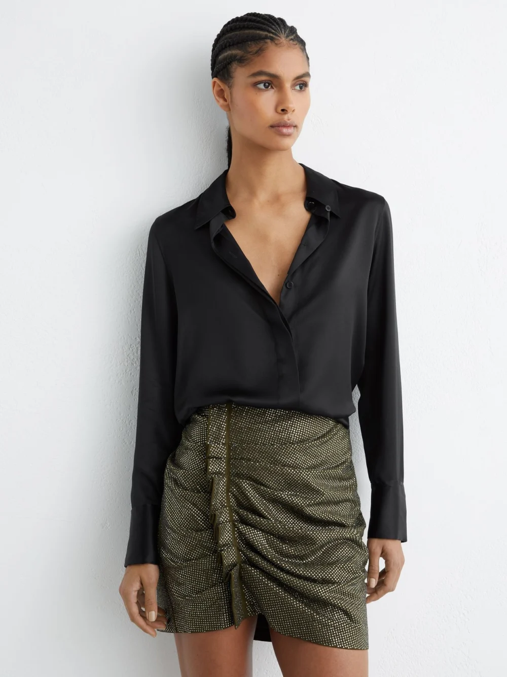 Reiss Khaki Green Crystal-embellished Ruched Mini Skirt, view 3