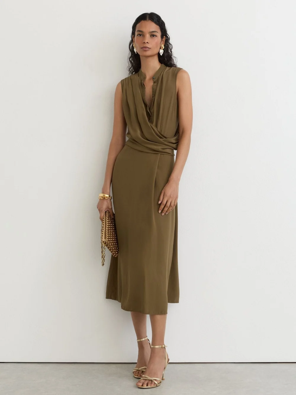 Reiss Khaki Green Drape-detail Band-collar Midi Dress