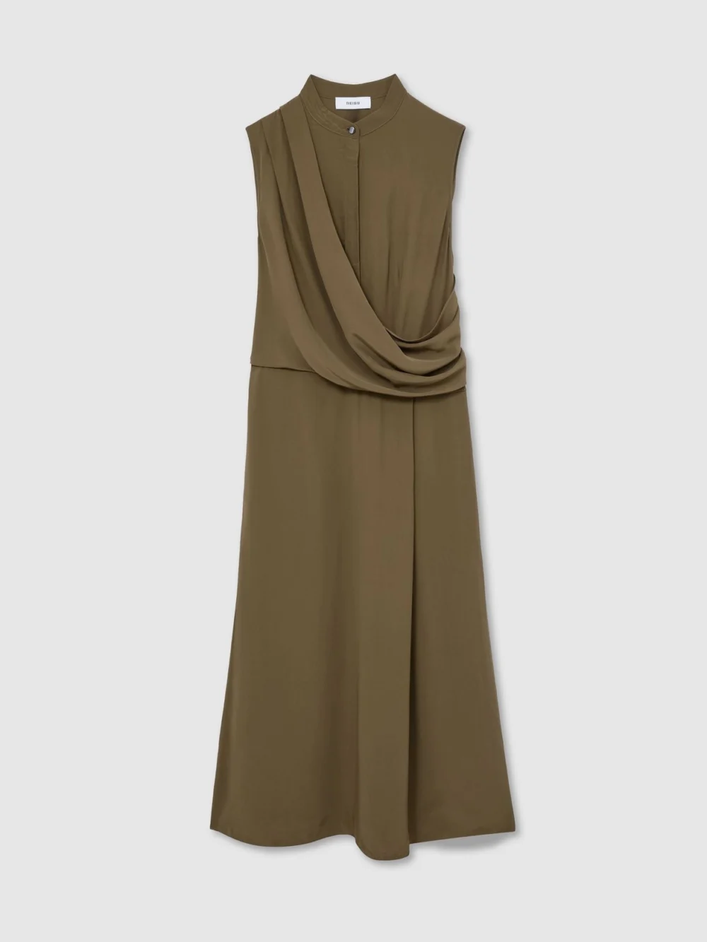 Reiss Khaki Green Drape-detail Band-collar Midi Dress, view 2