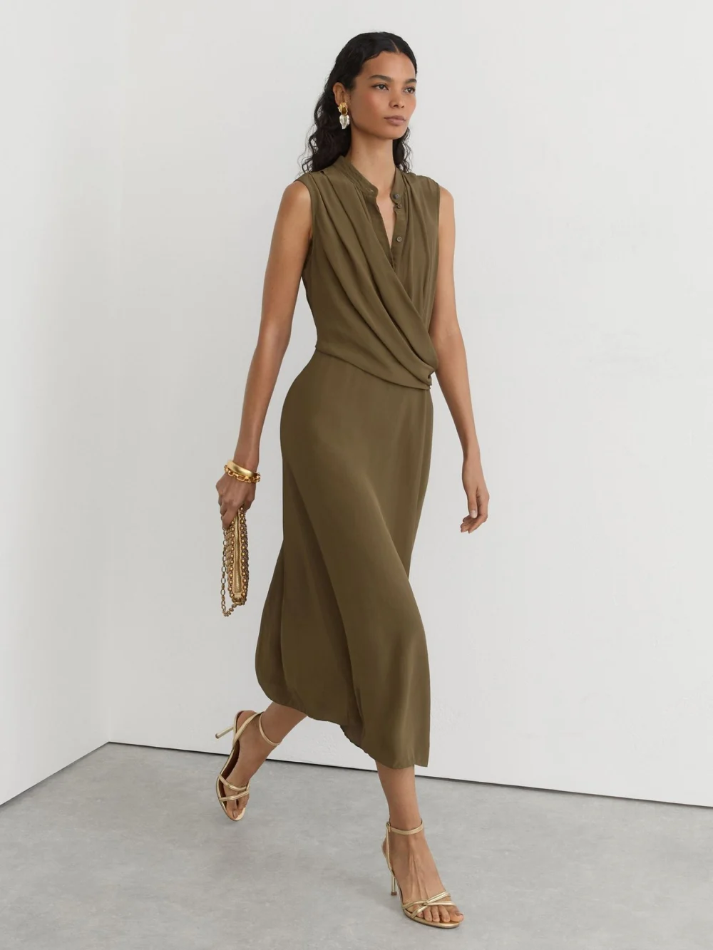 Reiss Khaki Green Drape-detail Band-collar Midi Dress, view 3