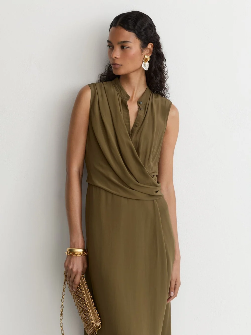 Reiss Khaki Green Drape-detail Band-collar Midi Dress, view 4