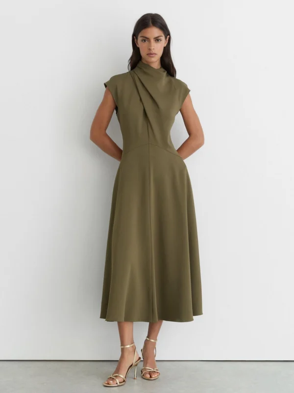 Reiss Khaki Green High-neck Pleat-detail Midi Dress