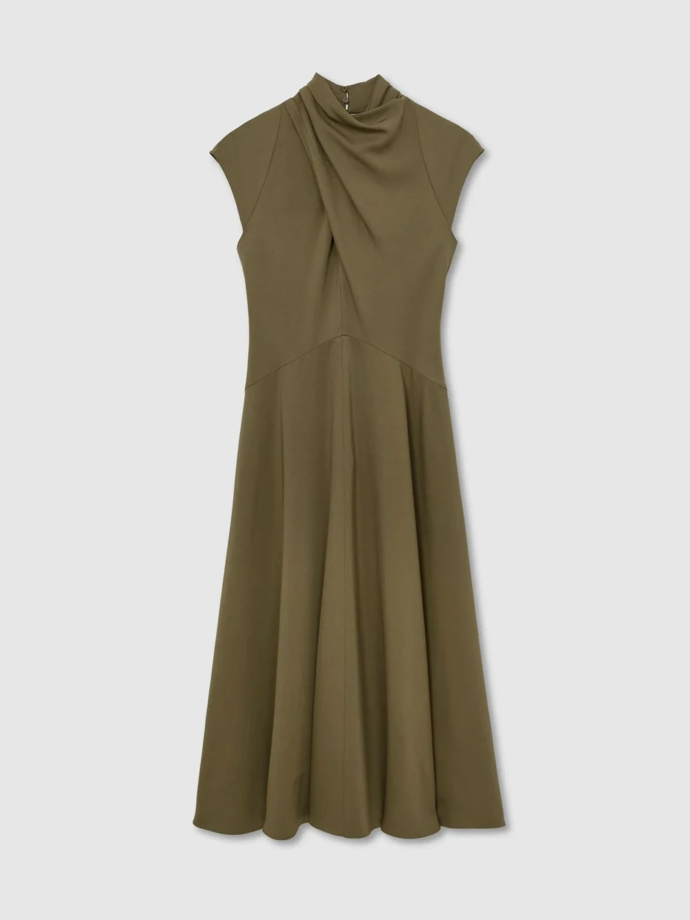 Reiss Khaki Green High-neck Pleat-detail Midi Dress, view 2