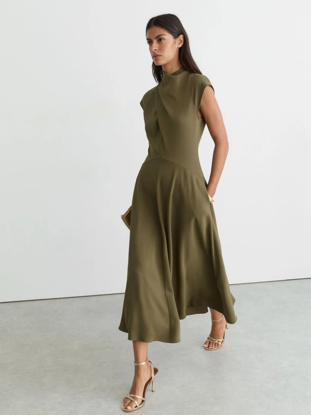 Reiss Khaki Green High-neck Pleat-detail Midi Dress, view 3