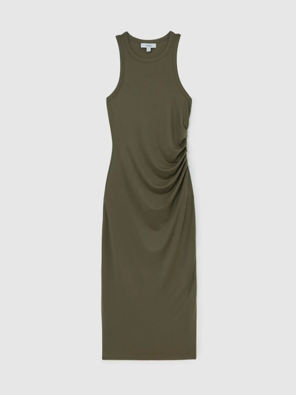 Reiss Khaki Green Jersey Ruched Racer Midi Dress, view 2