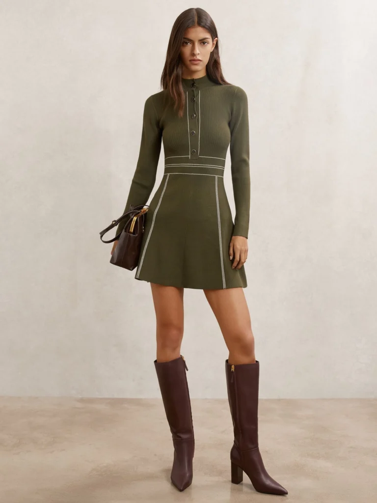 Reiss Khaki Green Knitted Contrast Stitch Mini Dress