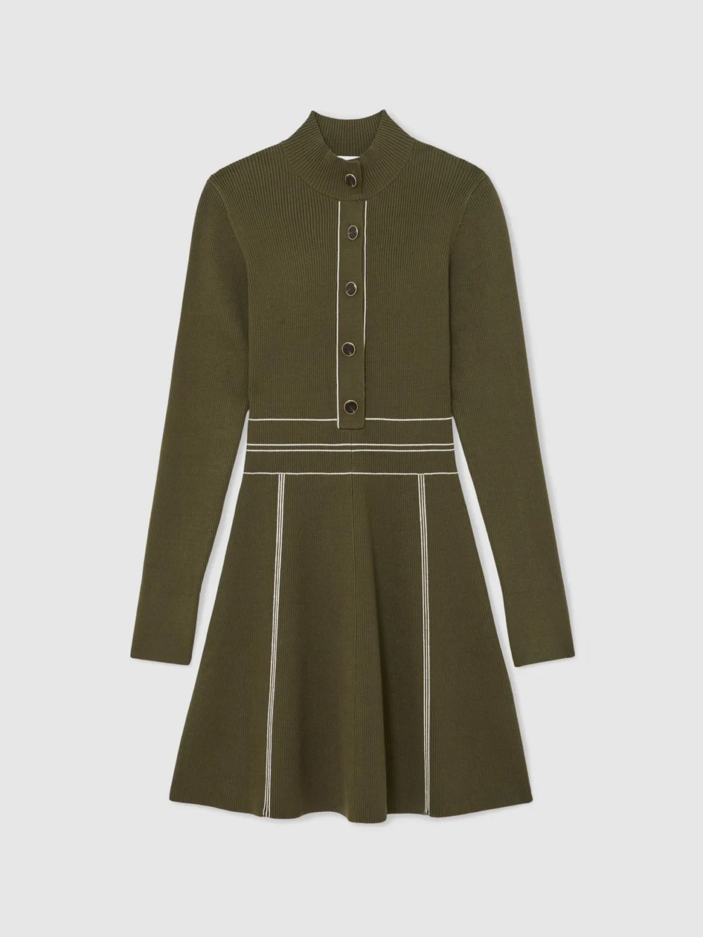 Reiss Khaki Green Knitted Contrast Stitch Mini Dress, view 2