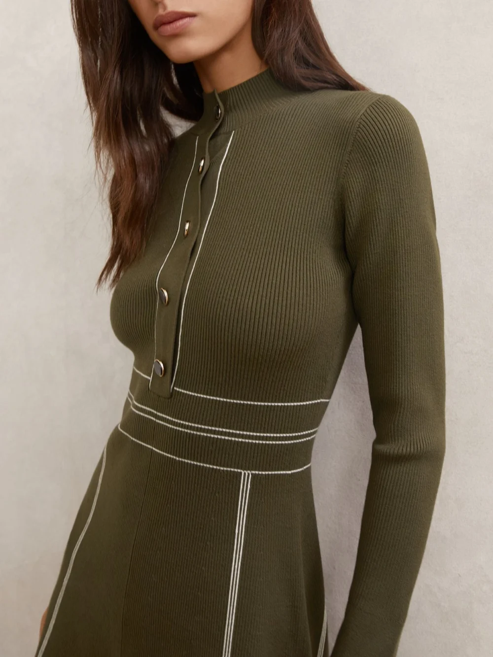 Reiss Khaki Green Knitted Contrast Stitch Mini Dress, view 4