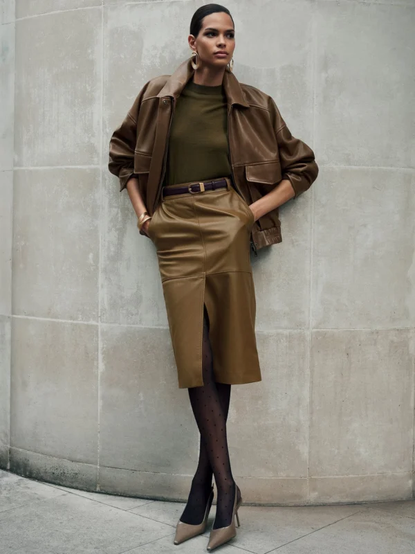 Reiss Khaki Green Leather Midi Pencil Skirt