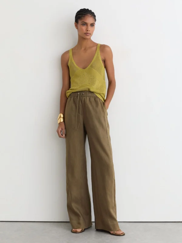 Reiss Khaki Green Linen Ladder-embroidery Wide-leg Trousers