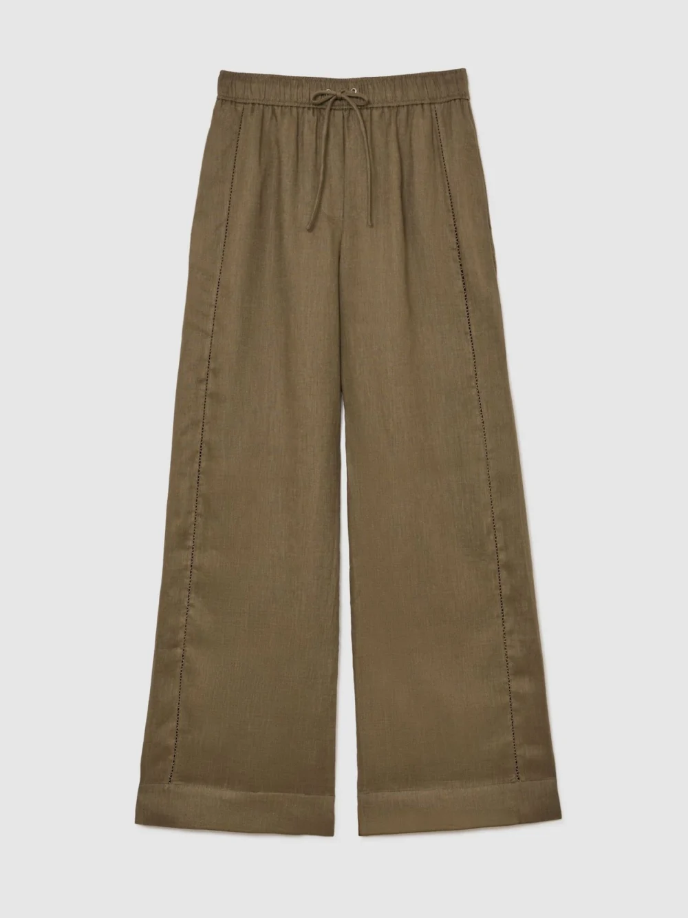 Reiss Khaki Green Linen Ladder-embroidery Wide-leg Trousers, view 2