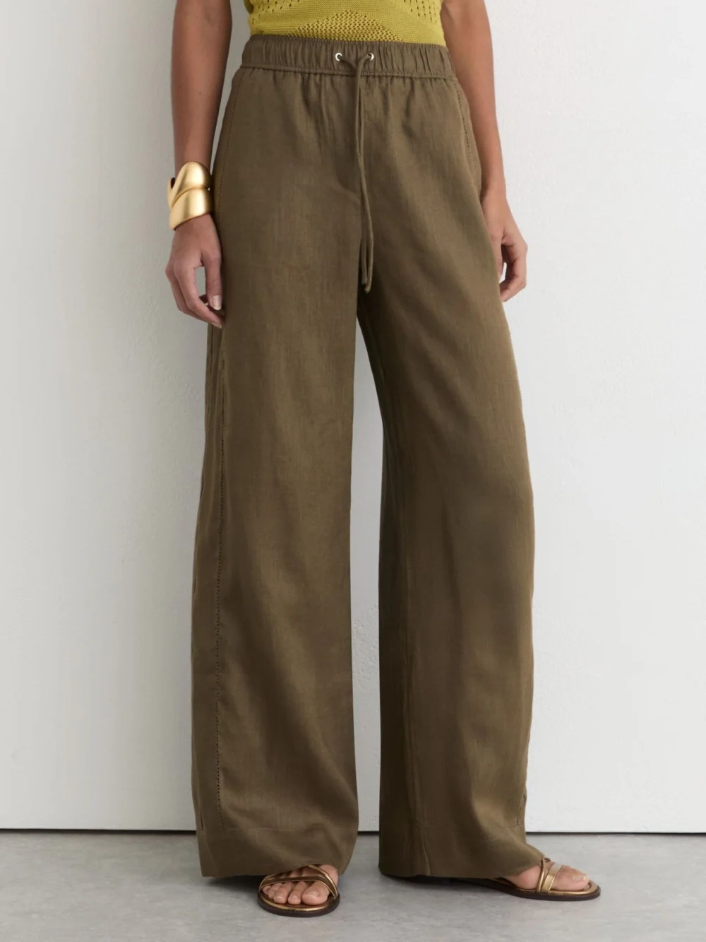 Reiss Khaki Green Linen Ladder-embroidery Wide-leg Trousers, view 4