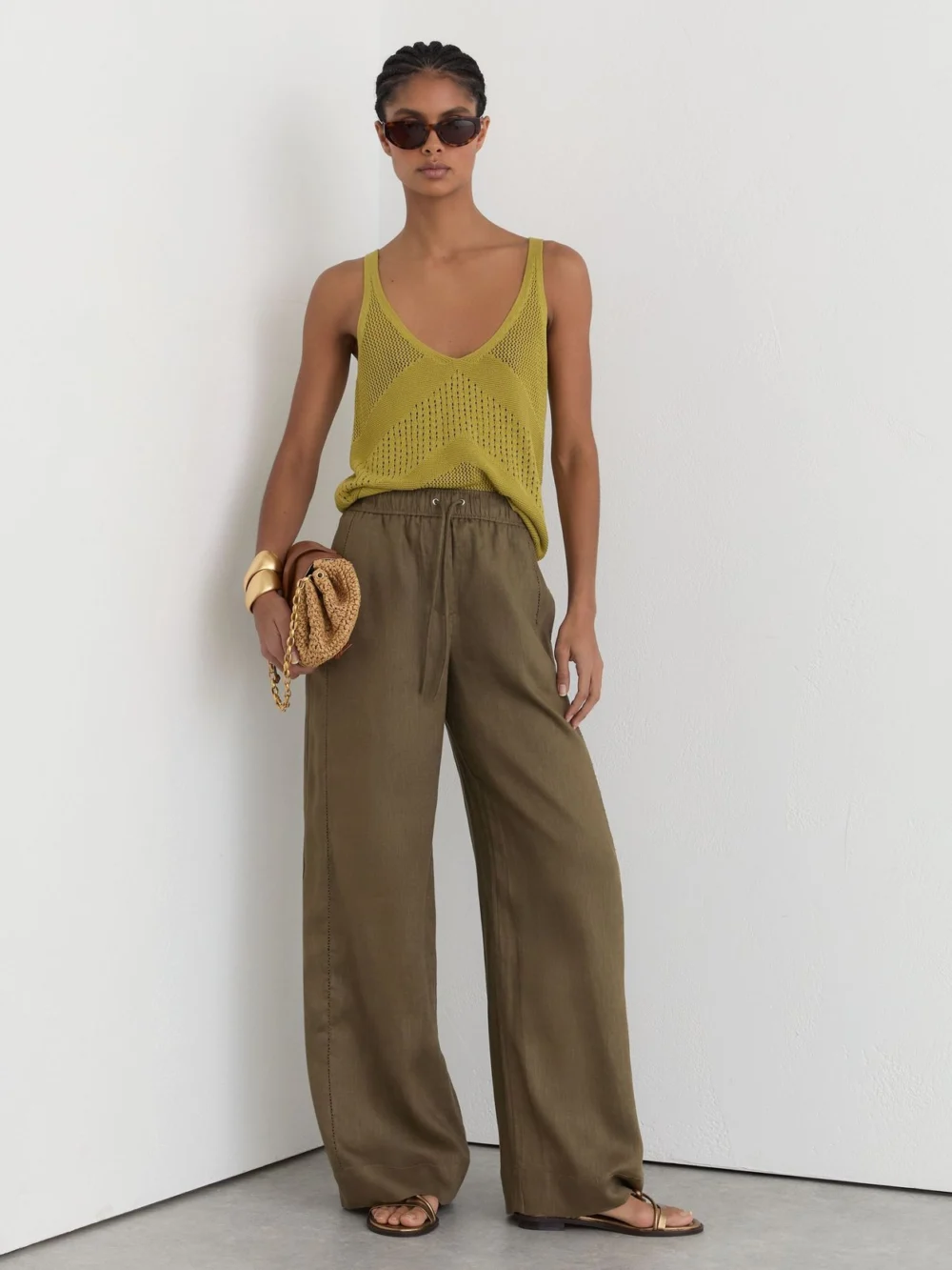 Reiss Khaki Green Linen Ladder-embroidery Wide-leg Trousers, view 5
