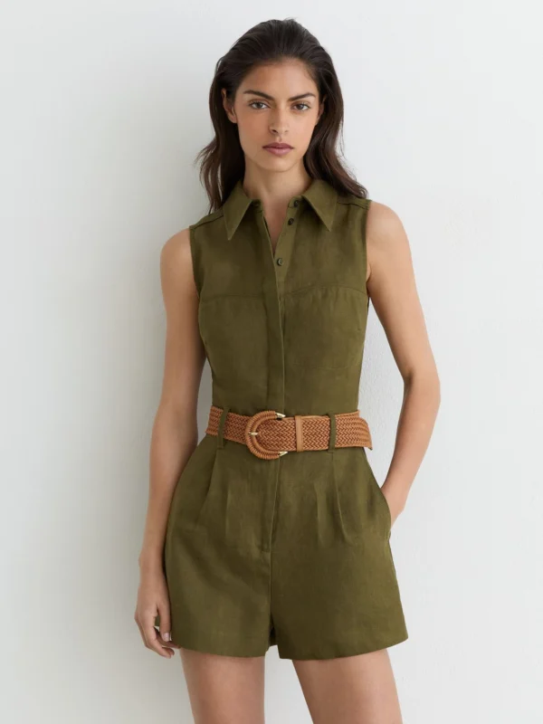 Reiss Khaki Green Linen Sleeveless Belted Playsuit