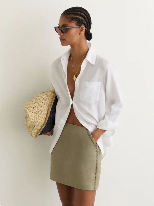Reiss Khaki Green Linen Whipstitch Mini Skirt