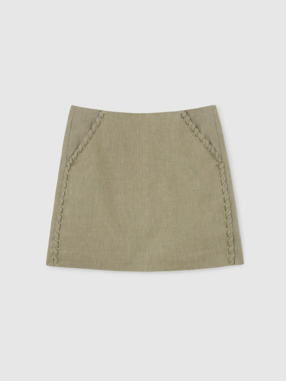 Reiss Khaki Green Linen Whipstitch Mini Skirt, view 2