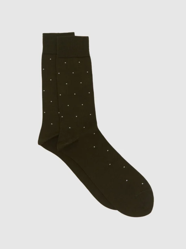 Reiss Khaki Green Mario Mercerised Cotton-blend Polka-dot Socks