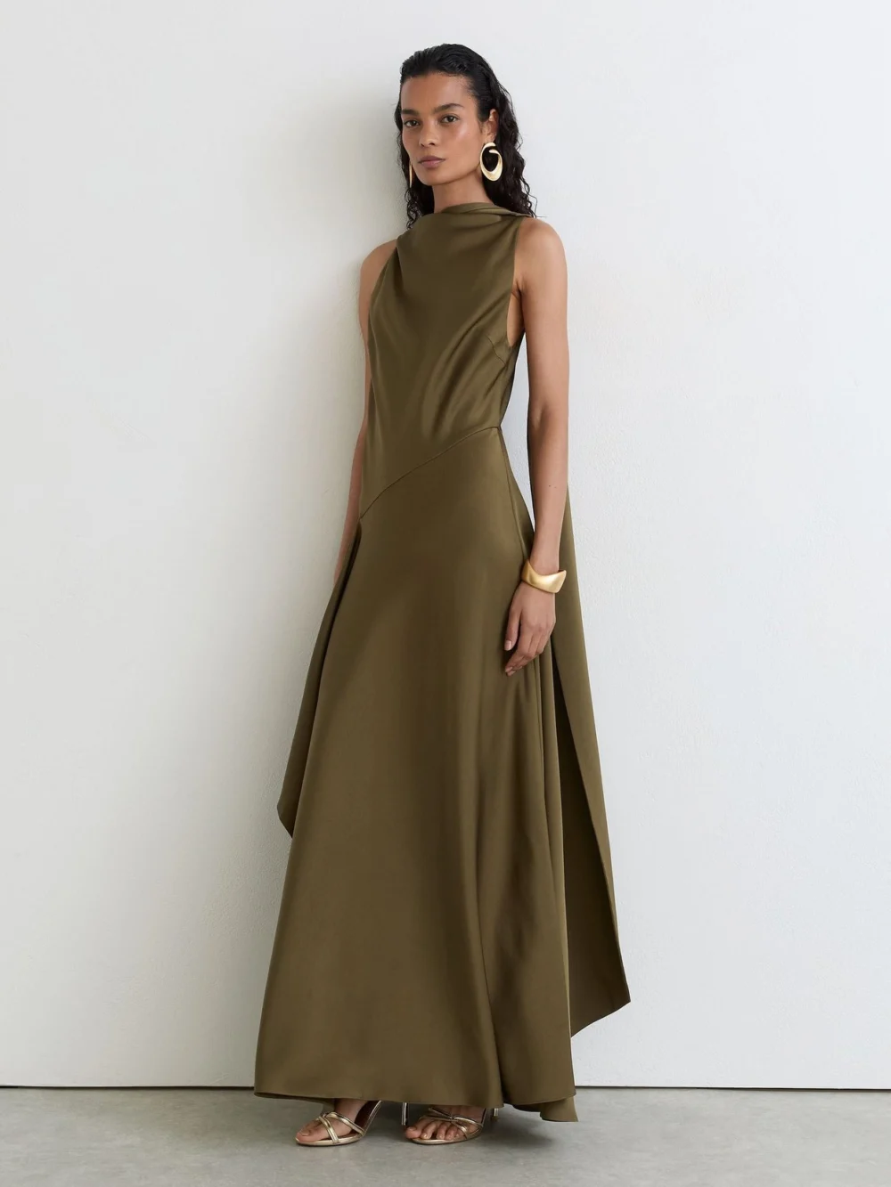Reiss Khaki Green Petite Satin Cape-detail Maxi Dress