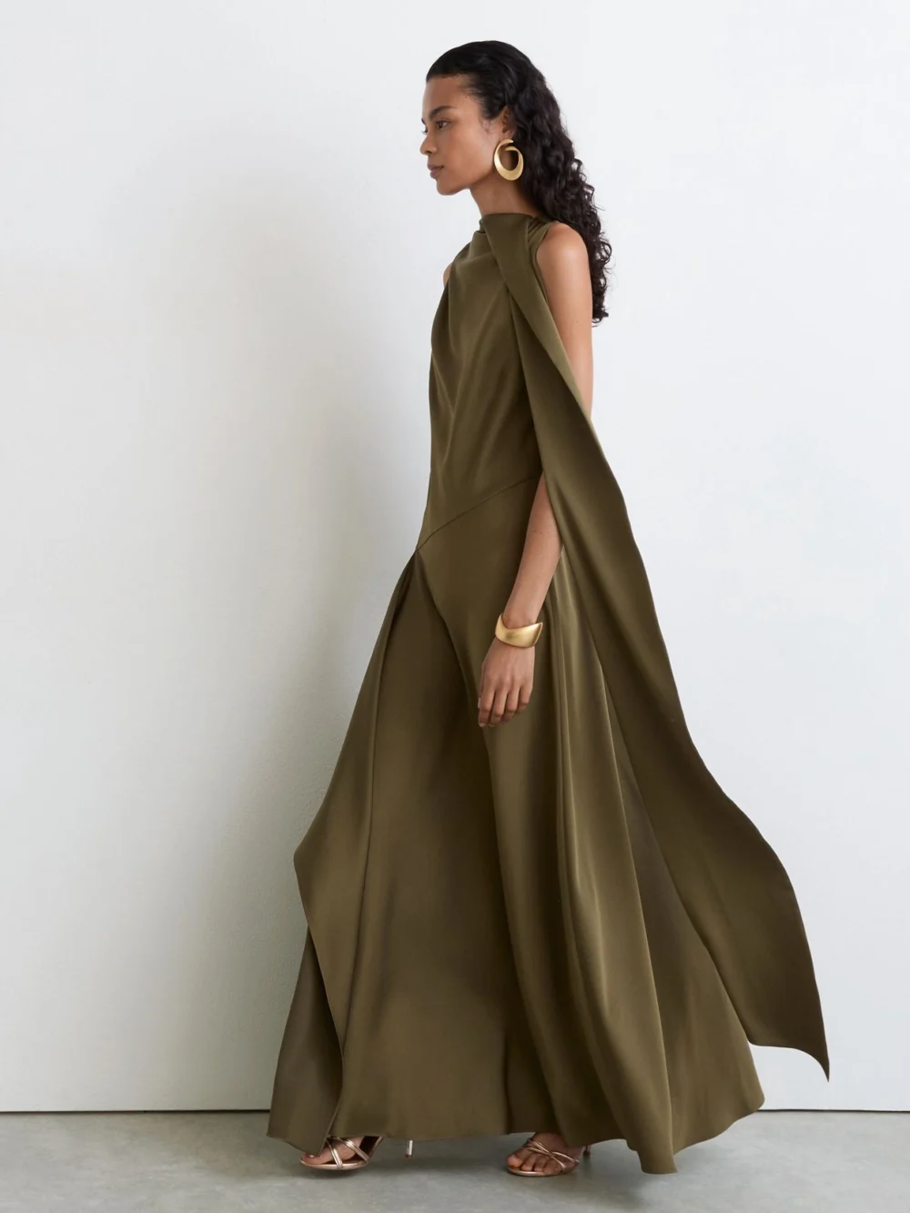Reiss Khaki Green Petite Satin Cape-detail Maxi Dress, view 4