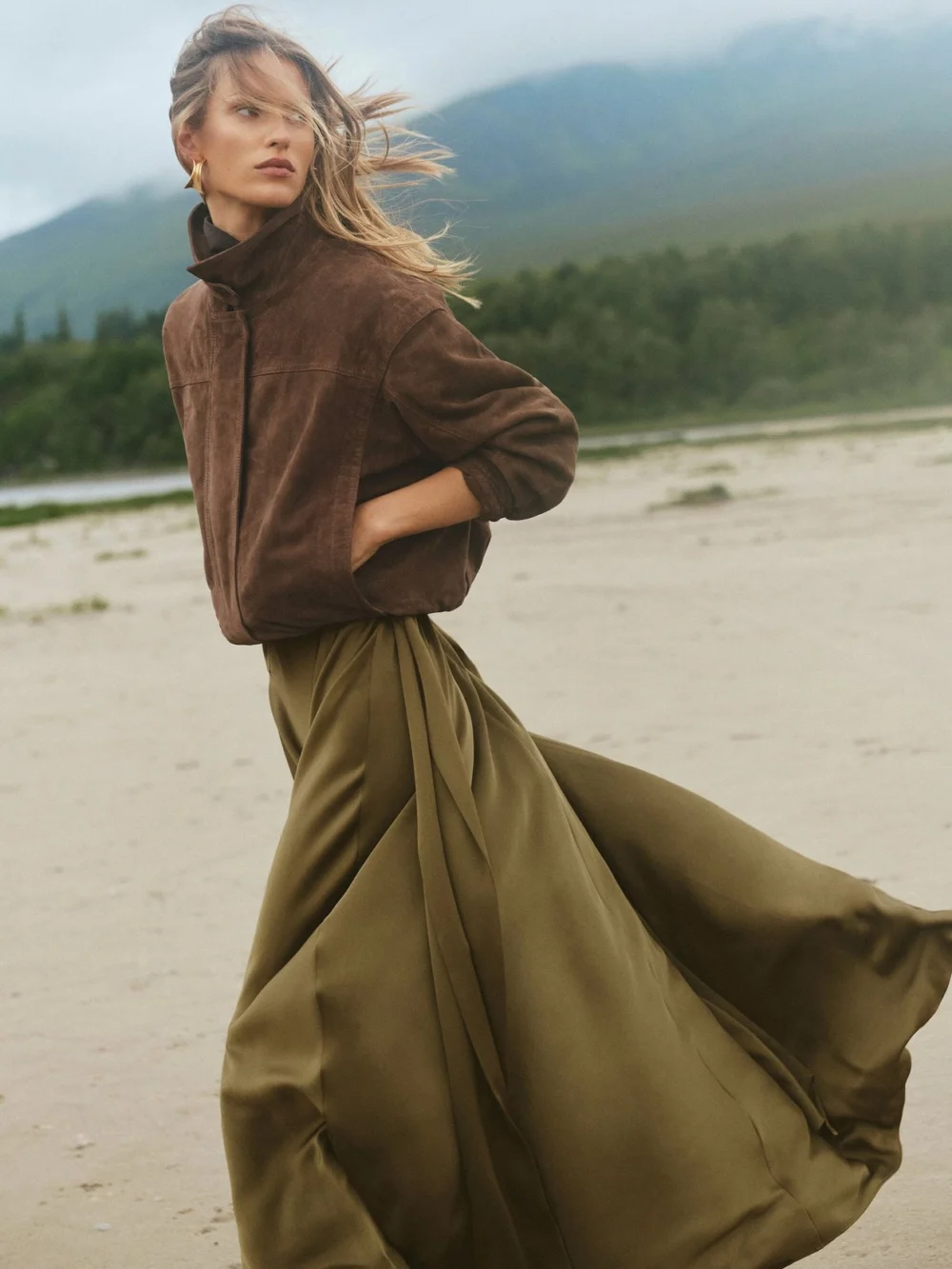 Reiss Khaki Green Petite Satin Cape-detail Maxi Dress, view 5