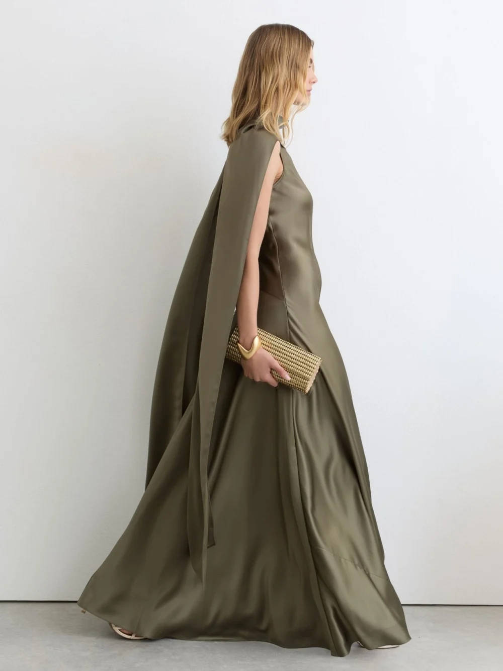 Reiss Khaki Green Petite Satin Cape Maxi Dress, view 4