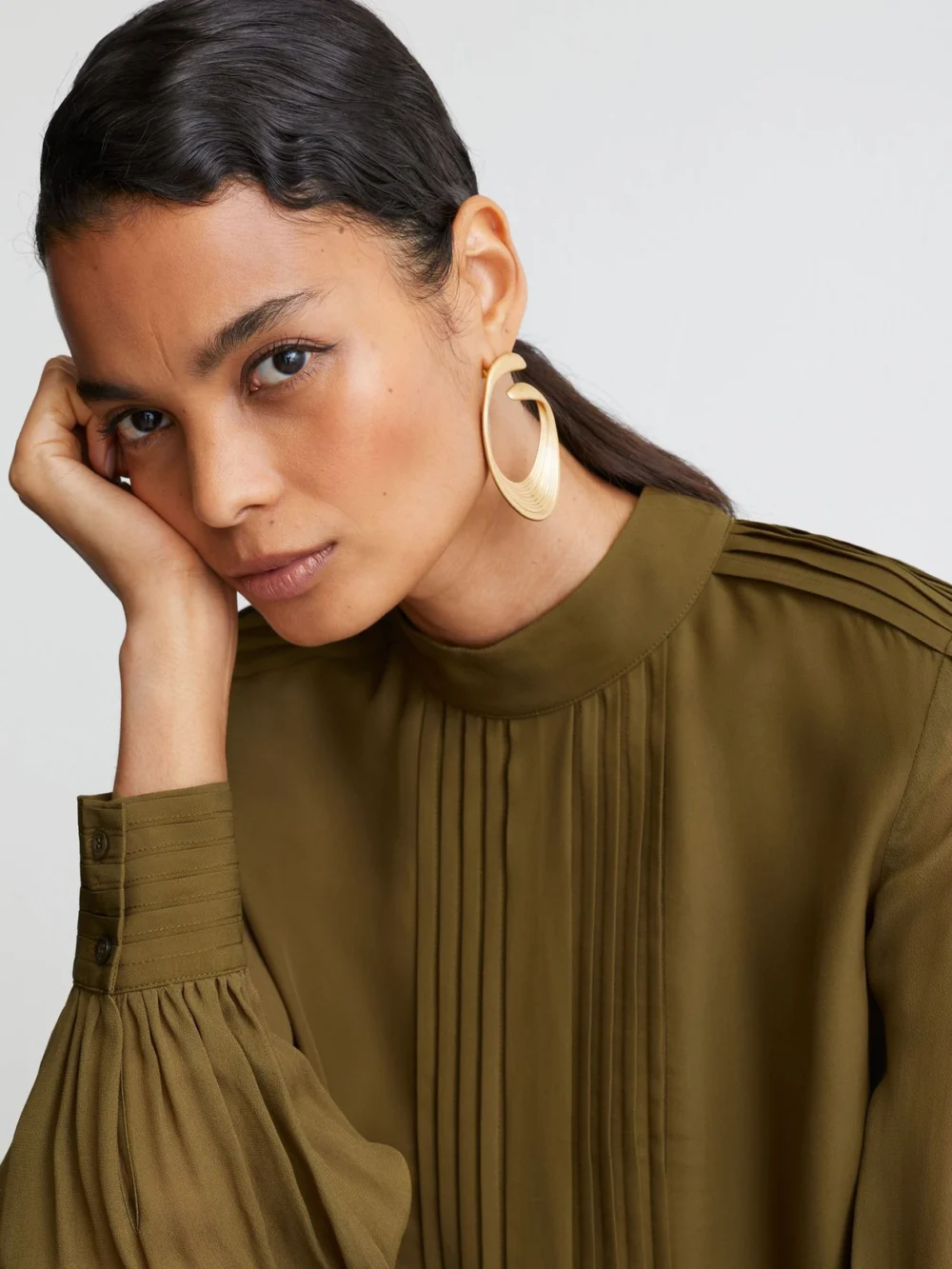 Reiss Khaki Green Pintuck-detail Tie-back Blouse, view 3