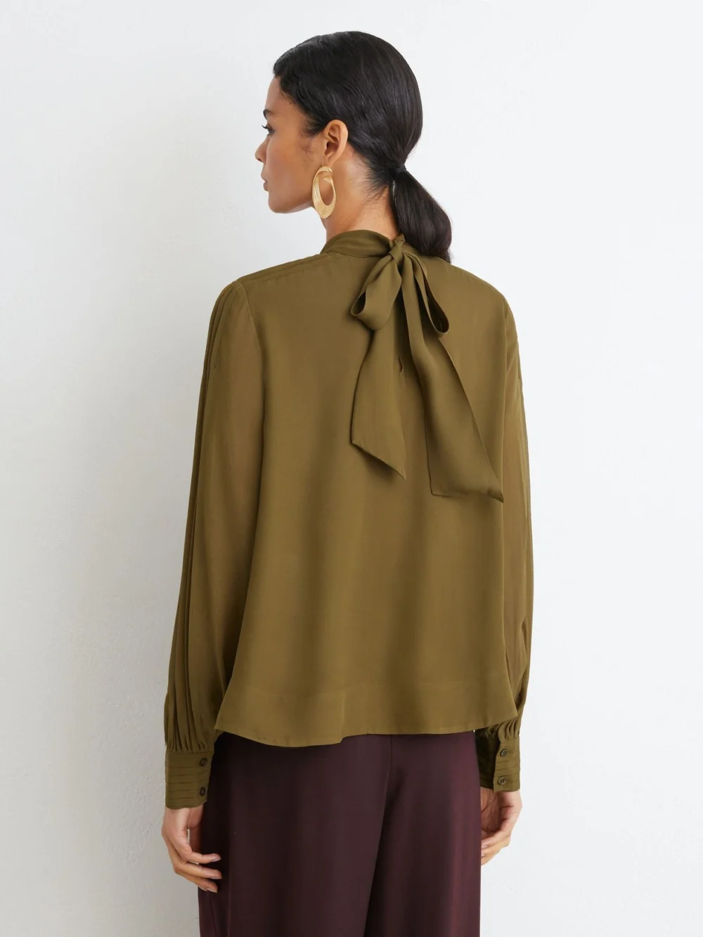 Reiss Khaki Green Pintuck-detail Tie-back Blouse, view 4