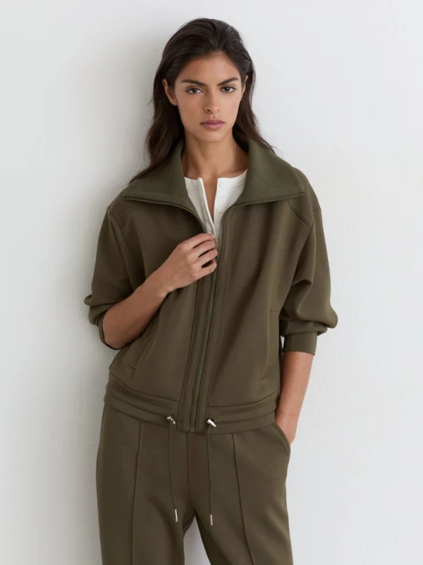 Reiss Khaki Green Premium Interlock Zip-front Sweatshirt