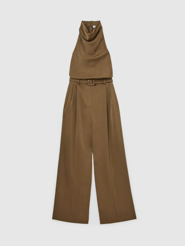 Reiss Khaki Green Satin Cowl-neck Wide-leg Jumpsuit