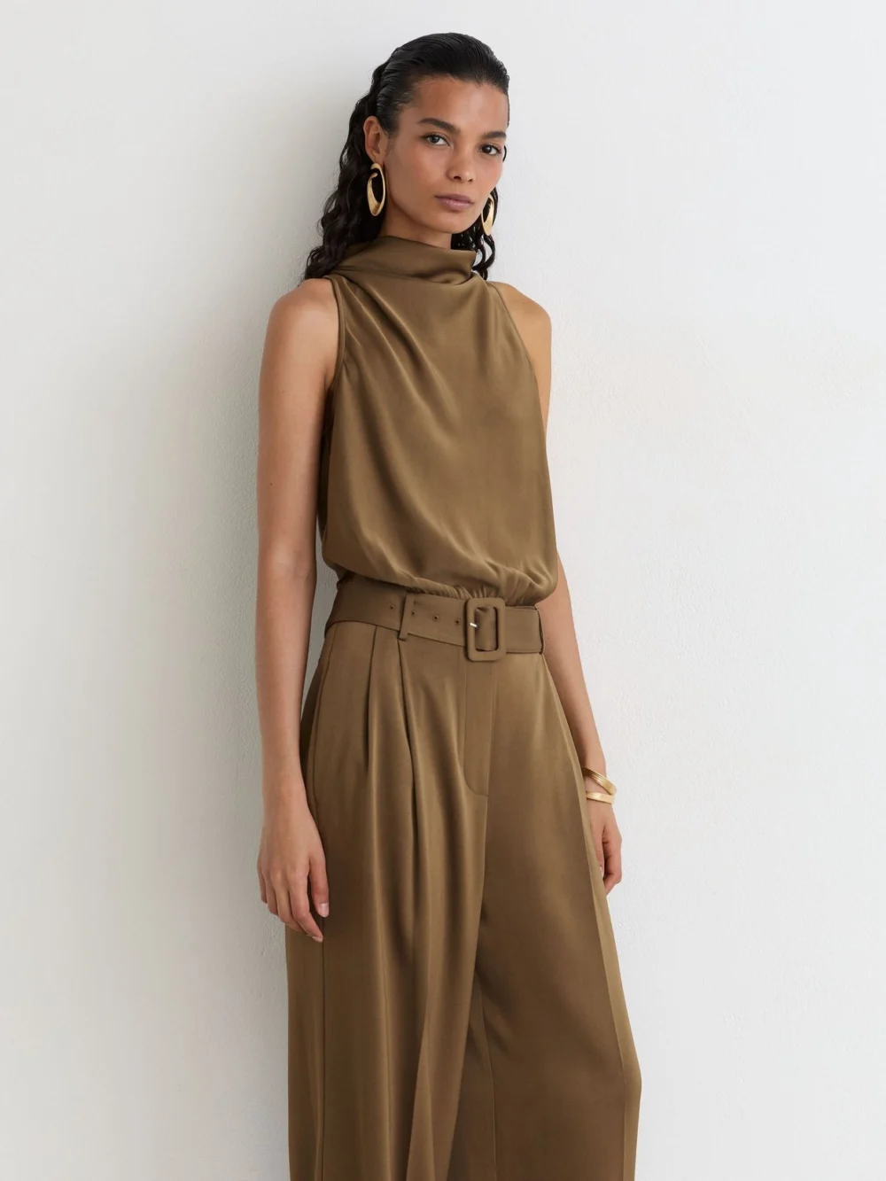 Reiss Khaki Green Satin Cowl-neck Wide-leg Jumpsuit, view 4