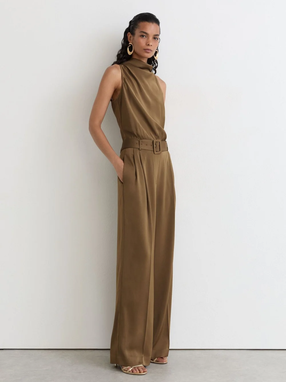 Reiss Khaki Green Satin Cowl-neck Wide-leg Jumpsuit, view 5