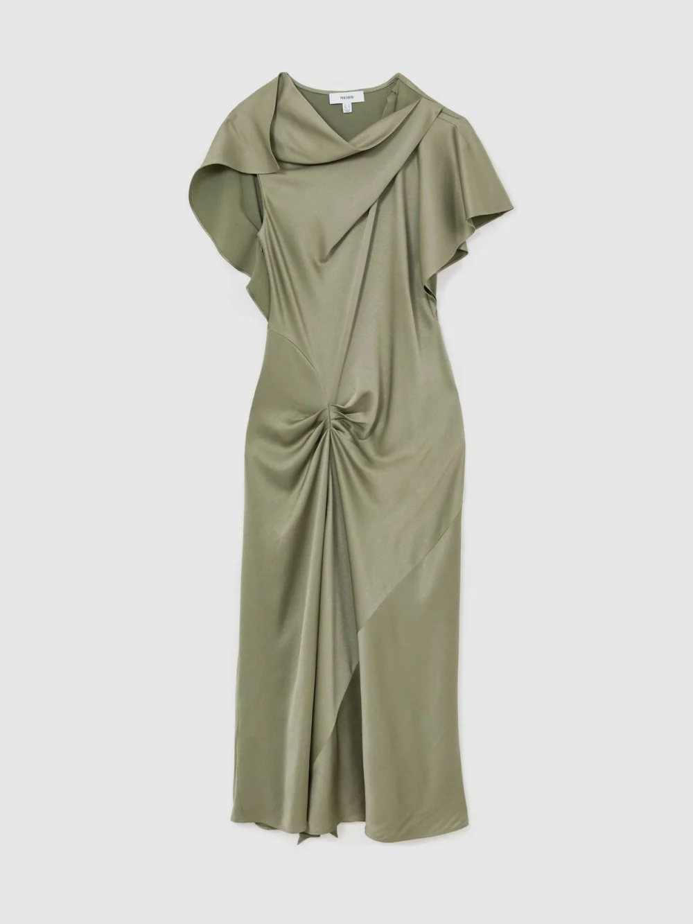 Reiss Khaki Green Satin Drape-detail Midi Dress, view 2