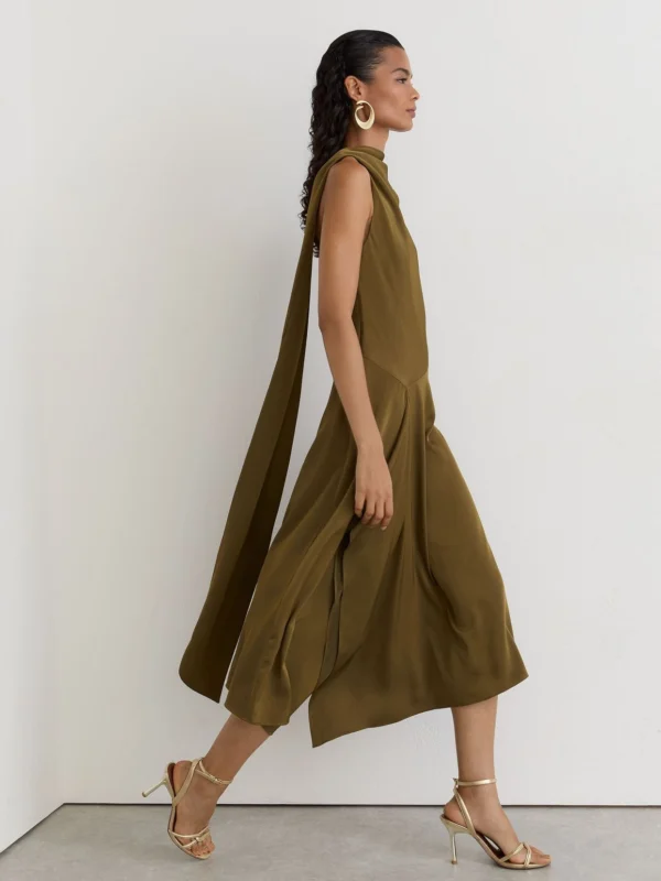 Reiss Khaki Green Satin One-shoulder Draped Midi Dress