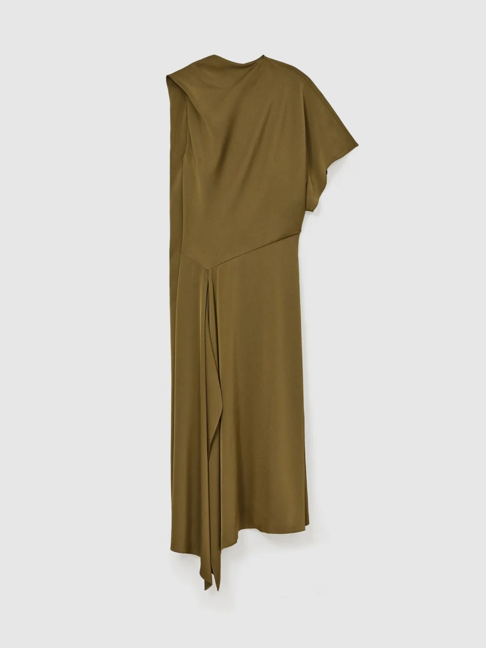 Reiss Khaki Green Satin One-shoulder Draped Midi Dress, view 2