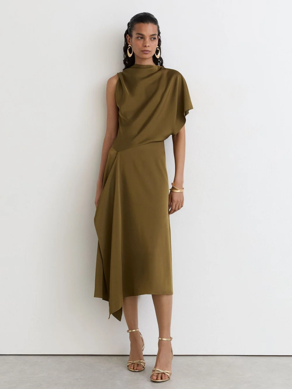 Reiss Khaki Green Satin One-shoulder Draped Midi Dress, view 3