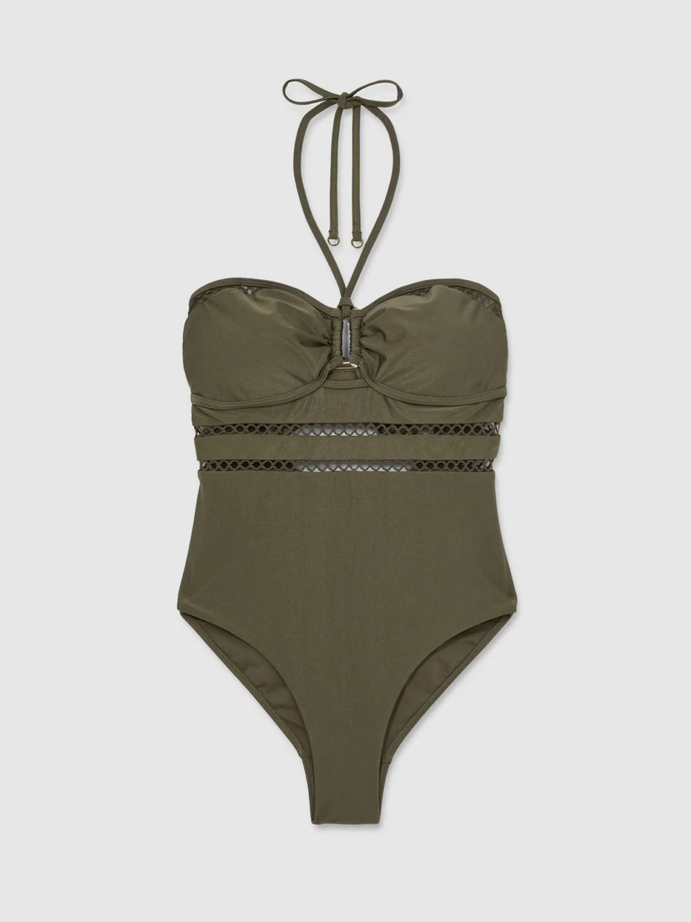 Reiss Khaki Green Shimmer Lattice-trim Bandeau Swimsuit, view 2
