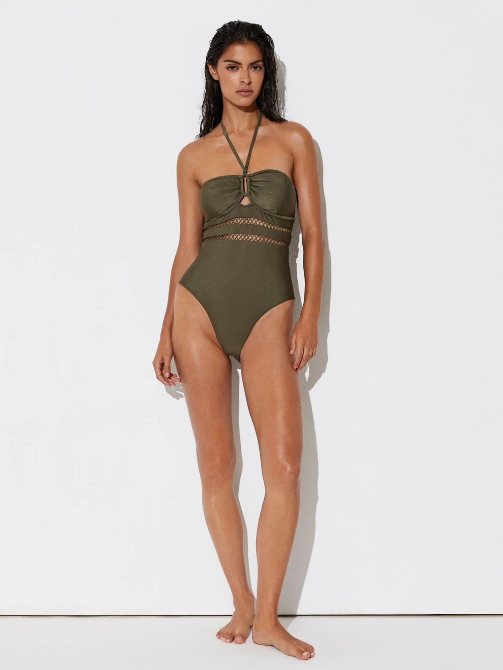 Reiss Khaki Green Shimmer Lattice-trim Bandeau Swimsuit, view 3