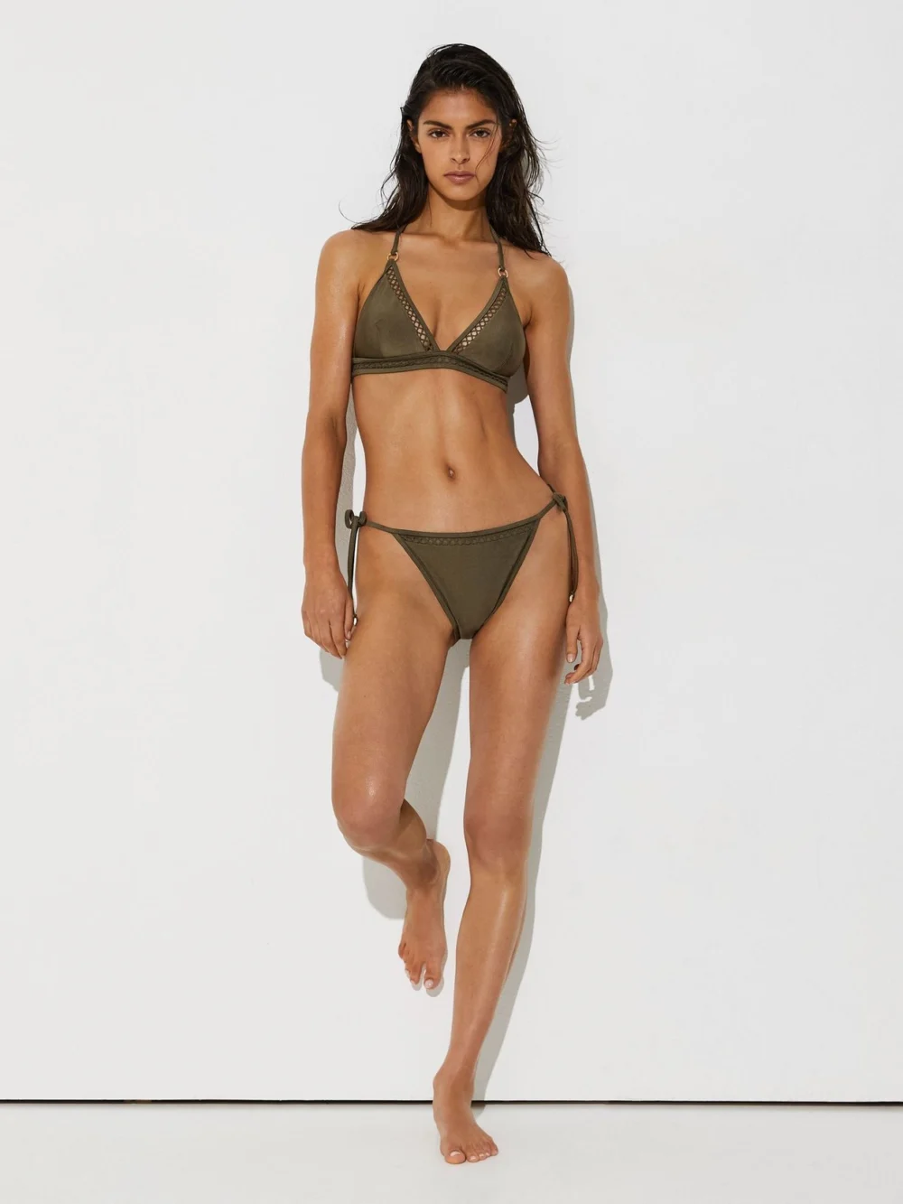 Reiss Khaki Green Shimmer Triangle Bikini Top, view 3