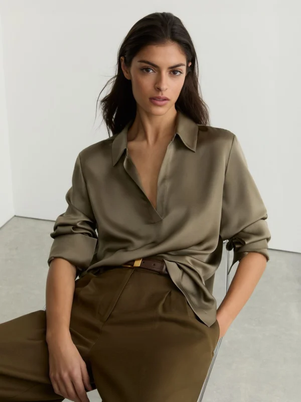 Reiss Khaki Green Silk Open-collar Blouse